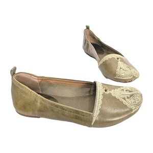 Latigo Bonzai Leather Ballet Flats Size‎ 6.5M Green Shoe Gold Embroidery Boho